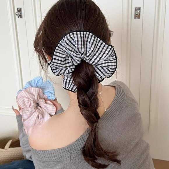 Large Gingham Hair Scrunchies Set 3 pcs Elastic Soft Durable Style main image 4